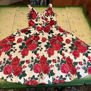 Bettie Page by Tatyana retro pinup girl fit and flare red floral circle dress